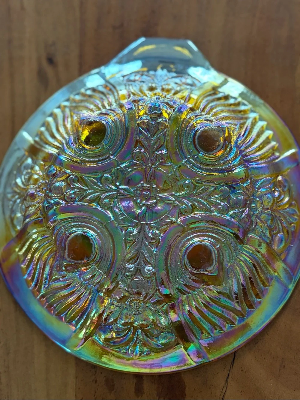 Iridescent Glass Decorative Dish - Amber Rainbow Finish 7.5 inches